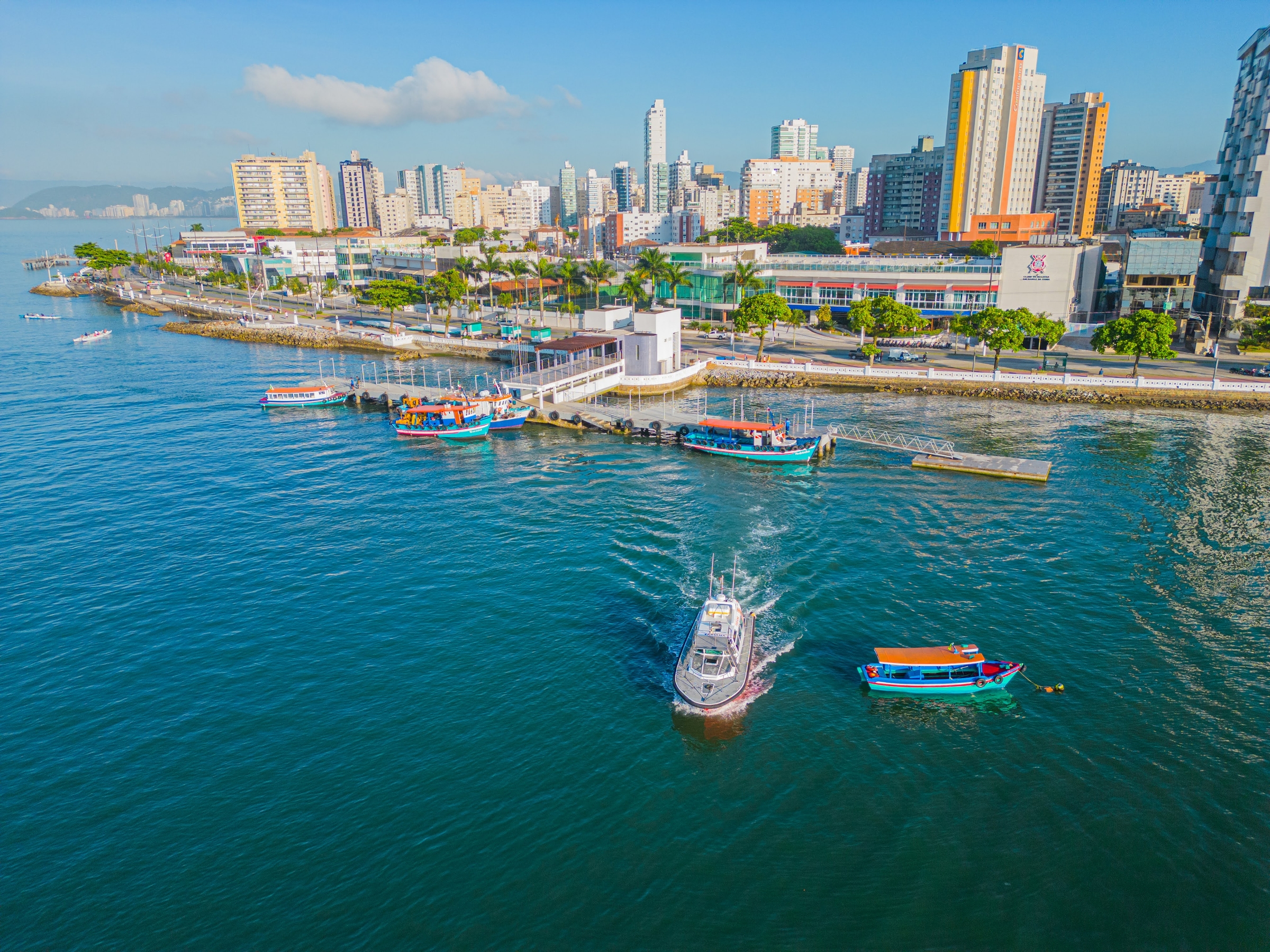 Aerial view of the Santos pier with vessels under way
