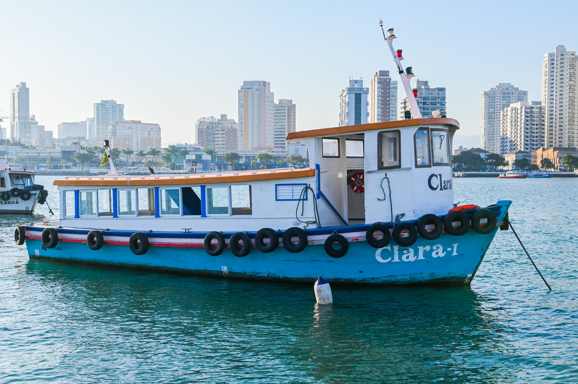 Clara I passenger vessel at anchor with the Santos skyline behind